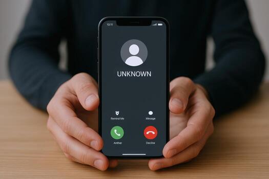 Unknown Number Calling on Smartphone Screen Displayed, Spam Call Concept, Scam, Security photo