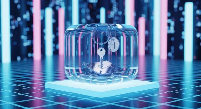 Keys suspended in liquid cube with futuristic neon background, conceptual digital asset security and encryption photo