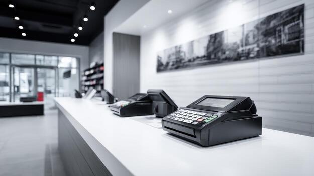 Modern Retail Checkout Counter with Card Payment Terminal and Interior Design Elements in Store photo