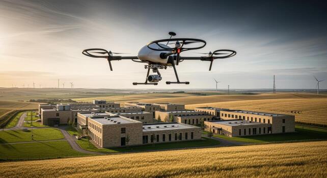 Drone Hovering Over Modern Buildings in Rural Landscape with Wind Turbines on the Horizon photo