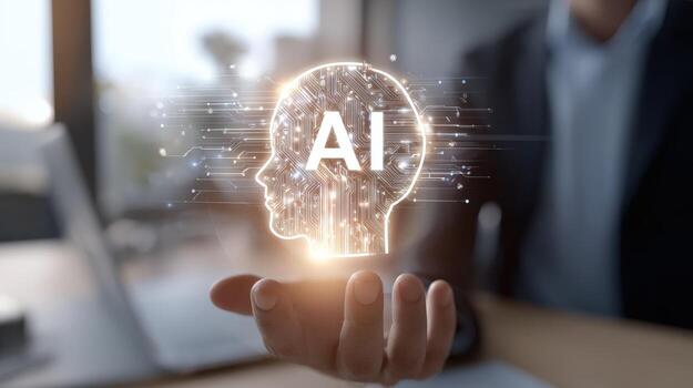 Artificial Intelligence Concept Silhouette of a Human Head with Neural Networks Held by a Person photo