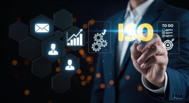 Business professional interacting with a futuristic interface illustrating management standards and operational excellence in business strategy photo