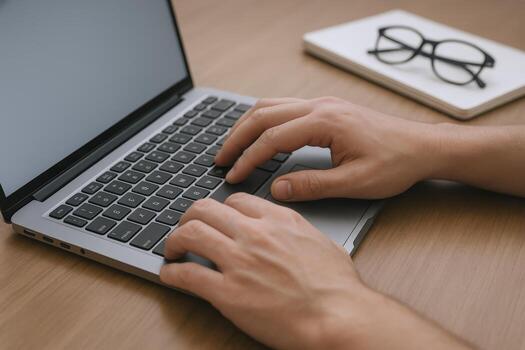 manos mecanografía en ordenador portátil teclado para trabajo o estudiar con cuaderno y lentes foto