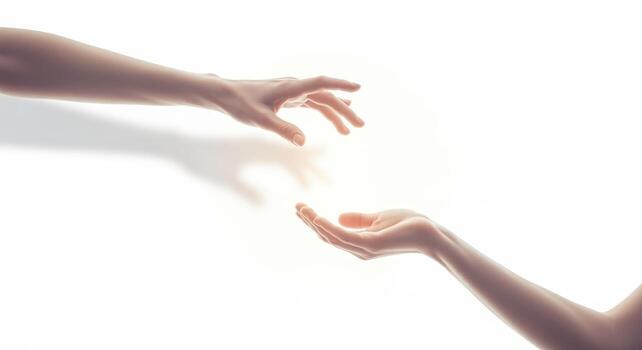Reaching Hands on White Background Concept of Assistance, Support, Connection, and Hope in Bright Studio Light photo
