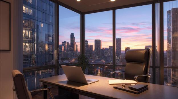 Executive Office Suite with City View at Sunset, Modern Workspace with Laptop and Skyline photo