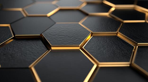 Abstract Hexagonal Background with Golden Edges, Modern Technology Design Concept, Reflective Surfaces, Geometric Pattern photo