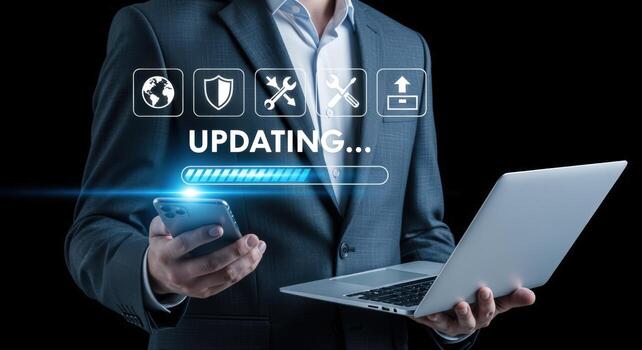 Businessman Updating Devices Smartphone and Laptop Undergoing Software Upgrade with Progress Bar Animation, Data Security, and Global Network photo