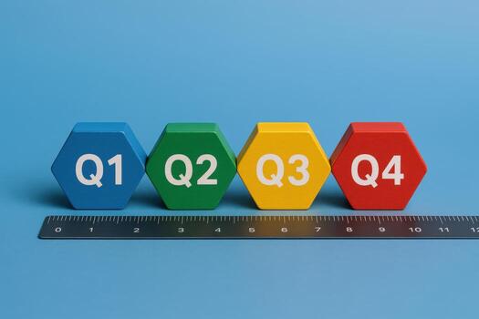 Business Quarter Blocks With Ruler Demonstrating Growth Over Time On A Blue Studio Background photo
