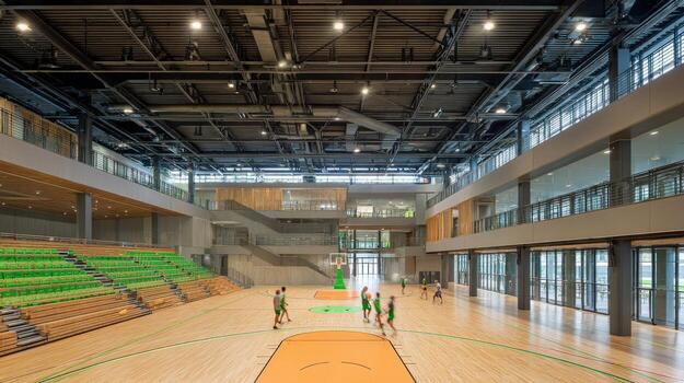 Spacious Indoor Basketball Court with Modern Design and Players in Action during a Game photo