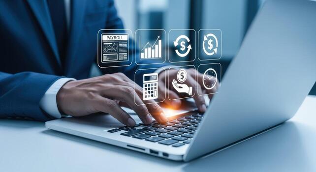 Financial Analysis and Data Visualization Businessman Analyzing Business Growth and Investment Strategies on Laptop photo