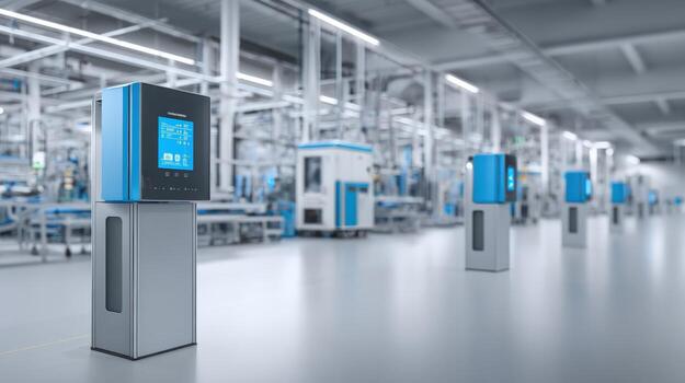 Automated Factory Floor with Robotic Units Performing Manufacturing and Assembly Operations in Modern Production Facility photo