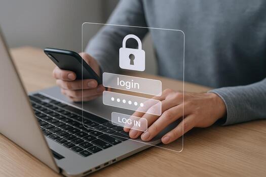 Secure Online Access Man Using Two-Factor Authentication on Laptop with Mobile Device for Login photo