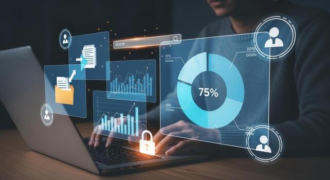 Data Analytics Visualization on Laptop Screen Displaying Business Metrics and Security, Innovation Technology Concept photo