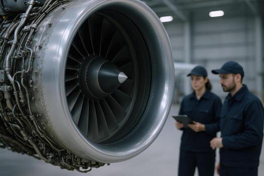 Aircraft Engine Inspection by Maintenance Engineers Using a Digital Tablet for Data Analysis photo