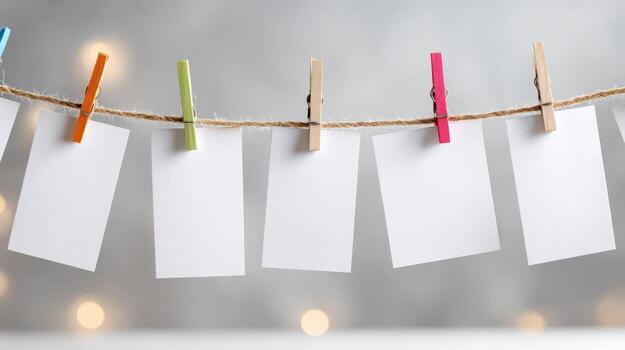 Blank White Cards Hanging from Twine with Colorful Clothespins for Creative Display and Announcements photo