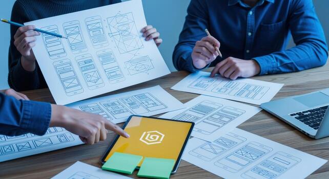 Collaborative UIUX Design Session Team Brainstorming App Interface and User Experience on Tablet photo