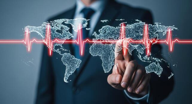 Global Health Crisis Concept Businessman Touching Holographic World Map with Red Heartbeat Line Overlay photo