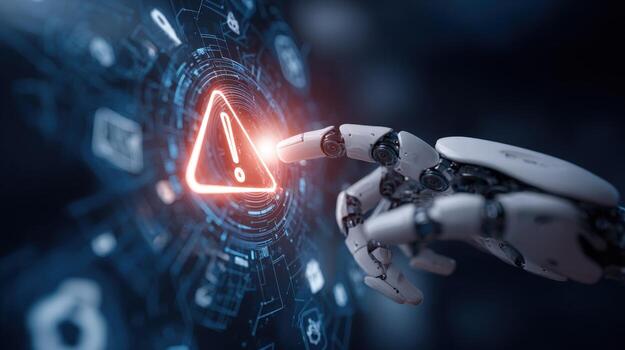 Robot Hand Touching Warning Sign on Futuristic Interface Displaying Cyber Security Alert and System Error photo