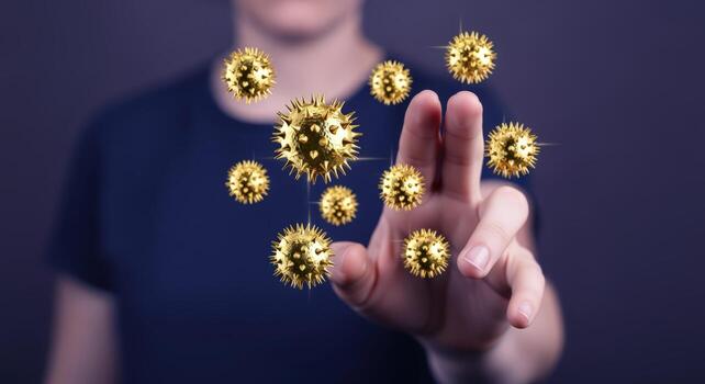 Conceptual Visualization of Viral Infection Person Interacting with Virus Particles in a Medical Context photo