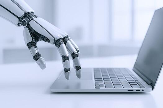 robot mano mecanografía en ordenador portátil teclado artificial inteligencia y futuro tecnología concepto foto