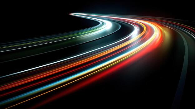 Abstract Light Trails on Black Background, Dynamic Speed Effect, Futuristic Design Element for High-Tech Concepts photo