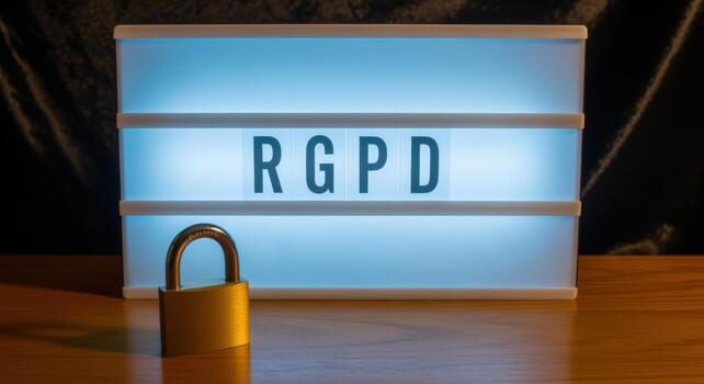 Illuminated RGPD Sign with Golden Padlock Symbolizing Data Protection and Compliance in Information Security photo