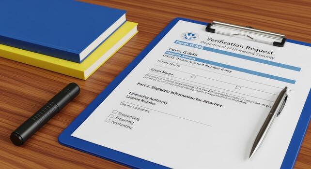 Verification Request Form on Clipboard with Pen and Books - Business Document Illustration photo