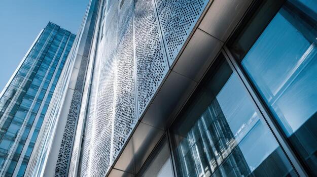 Modern Architecture Facade with Geometric Patterns and Glass Windows Reflecting Urban Skyline on Sunny Day photo
