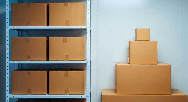 Storage Room with Stacked Cardboard Boxes on Shelves, Organization and Space Optimization, Logistics Concept photo