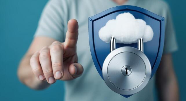 Cloud Security Shield with Padlock Protection, Man Pointing to Technology, Data Privacy Concept photo