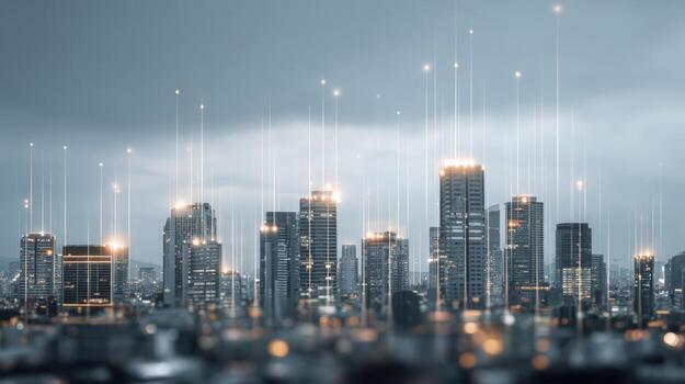 Futuristic Cityscape with Data Streams Modern Urban Technology and Digital Network Communication photo