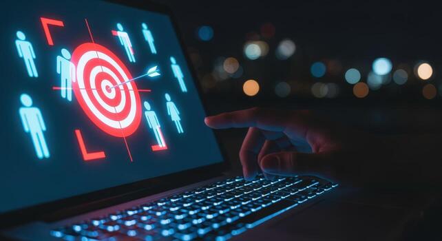 Target Audience Visualization on Laptop Screen Displaying Goal Achievement in Business Marketing Strategy photo