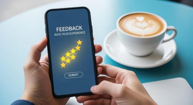 Customer Feedback Survey on Mobile Phone with Coffee Cup Shows Experience Rating photo