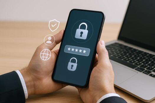 Smartphone Security Man Holding Phone Showing Password Protection Interface with Laptop on Desk photo