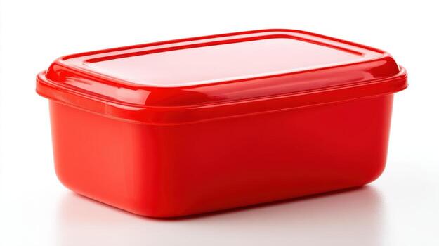 Bright Red Plastic Food Container with Lid Isolated on White, Ideal for Meal Prep or Leftovers photo