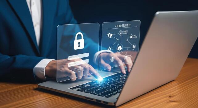 Cybersecurity Specialist Working on Laptop with Security Interface, Data Protection and System Access photo