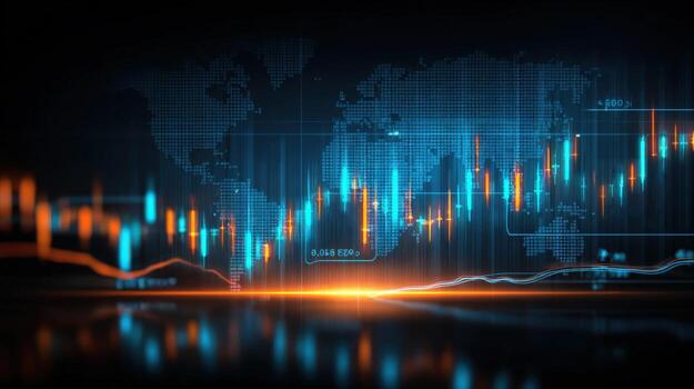 Financial Market Analysis with Candlestick Chart, Global Data Visualization, and Investment Insights photo