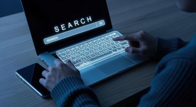 Searching Online Concept Hands Typing on Illuminated Laptop Keyboard with Search Bar Overlay photo