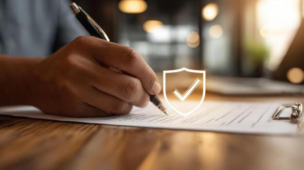 Signing Document with Protective Shield Overlay Contract Approval, Policy Agreement, and Risk Management Concept photo