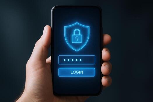 Secure Mobile Access Hand Holding Smartphone Displaying Login Screen with Shield and Padlock for Cyber Protection photo