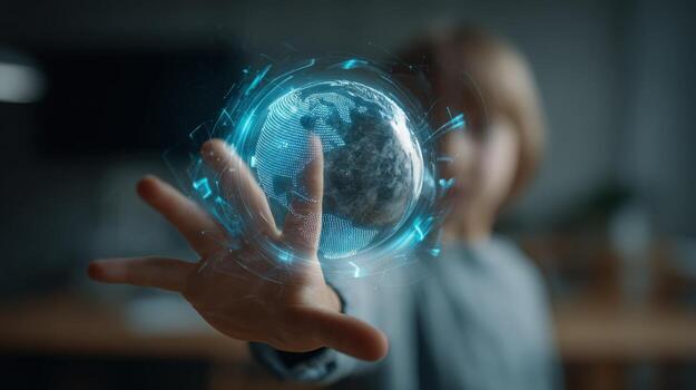 Child Interacting with a Digital Globe Hologram, Showing Future Technology and Global Communication Networks photo