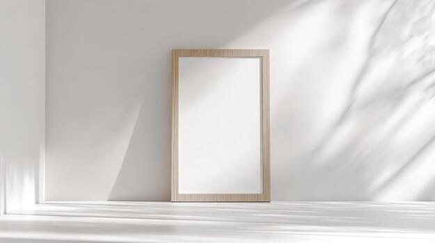 Elegant Wooden Frame Mockup on White Wall with Shadow Overlay, Perfect for Art and Photography Display photo