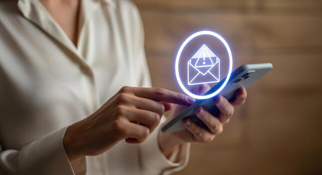 Businesswoman uses smartphone with email security, data protection, and technology notification for secure business transactions photo