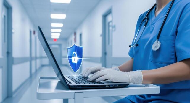 Healthcare Professional Securing Patient Data with Cybersecurity Measures in Hospital Setting for Privacy and Protection photo