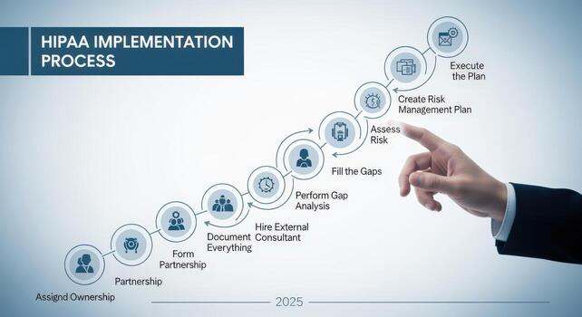 HIPAA Compliance Implementation Process Visualization with Hand Pointing to Execute Step on a Business Roadmap photo