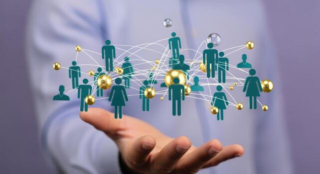 Abstract Global Network Concept Over Hand Connection of People, Business Structure, and Digital Communication photo