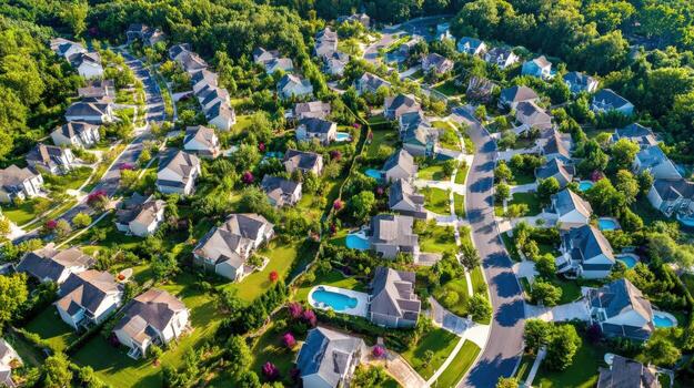 Aerial View of Upscale Suburban Neighborhood with Lush Greenery and Swimming Pools in Daytime photo