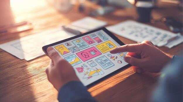 Hands Holding a Digital Tablet Displaying a Website Wireframe Design on a Wooden Desk photo