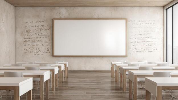 Classroom with Empty Whiteboard and Desks for Educational Mockups and Presentations in Modern School photo