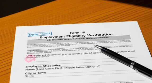 Employment Eligibility Verification Form I-9 Close-Up on Wood Table with Pen Shows Workplace Compliance Document photo